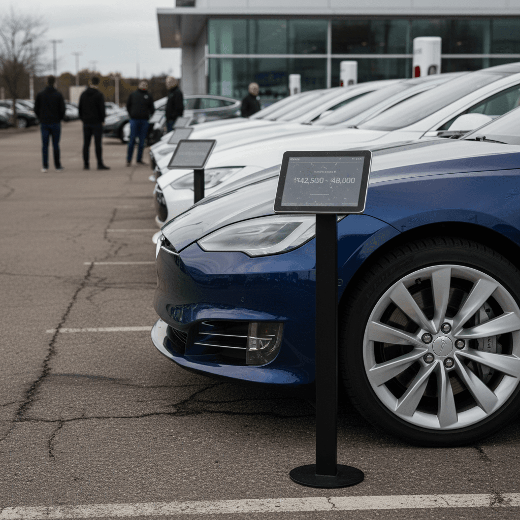 Row of used Tesla Model S vehicles parked at a dealership lot with visible price displays showing different trade-in values