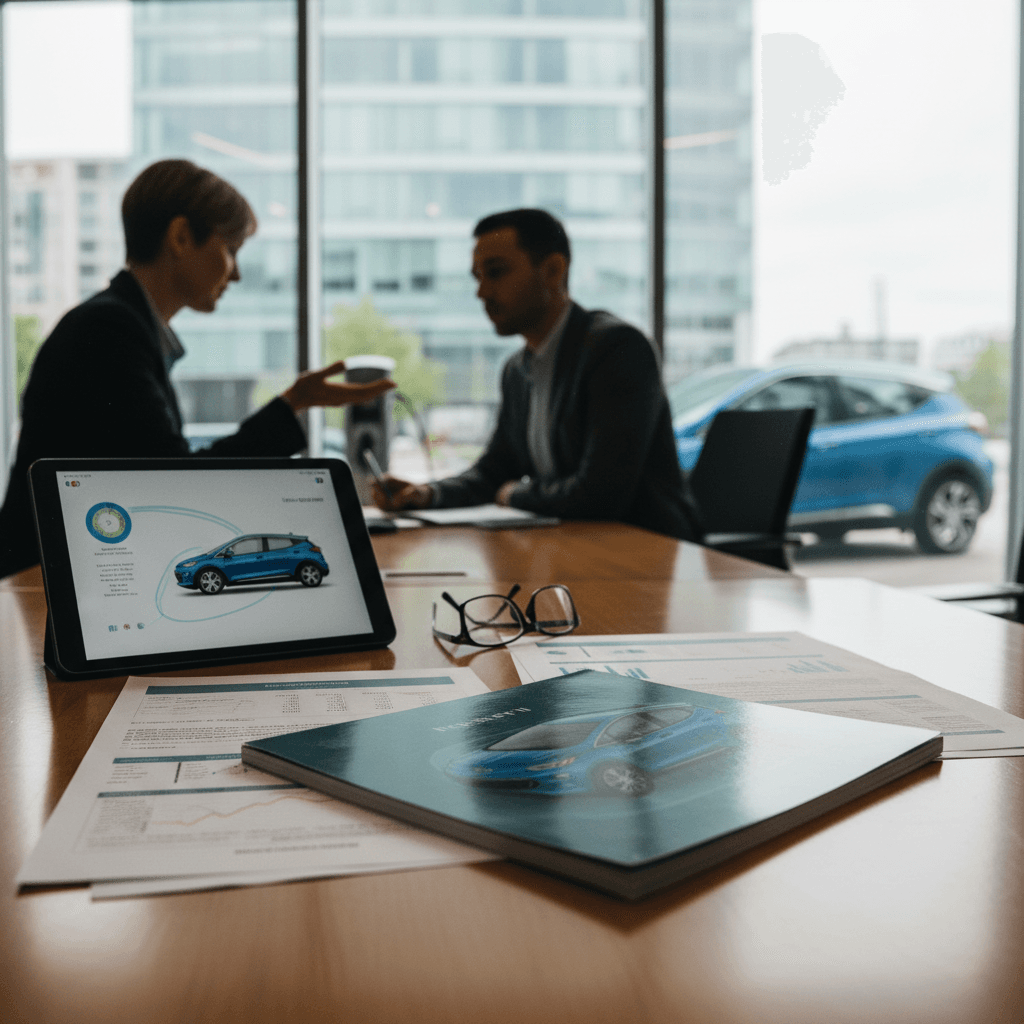 Insurance agent and Chevrolet Bolt EV owner reviewing coverage options at a desk