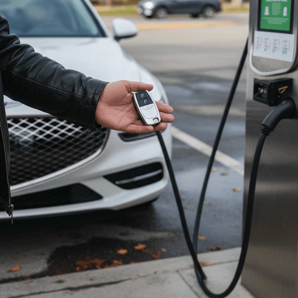 Seller handing the key fob of a Genesis Electrified G80 to a buyer while the car is plugged into a charging station