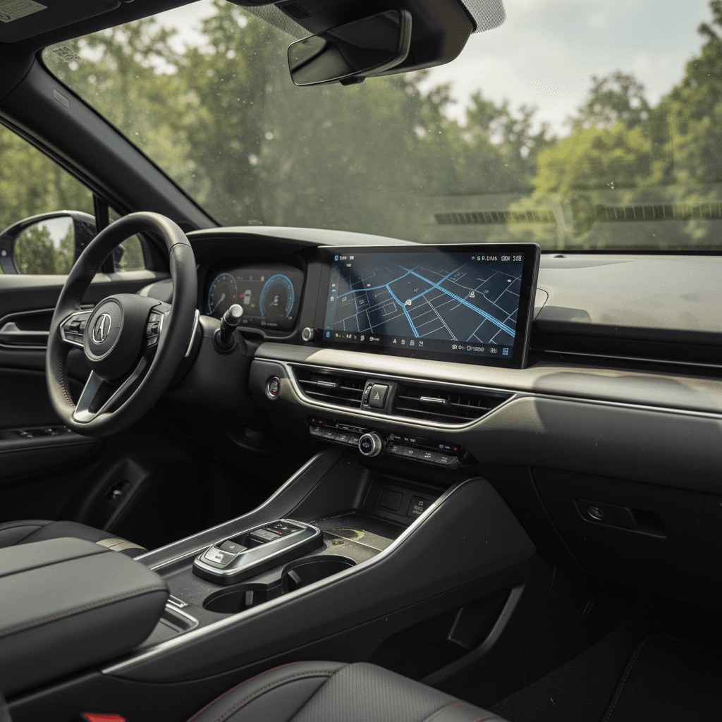 Luxury electric SUV interior showing central touchscreen with EV charging route planning on the display