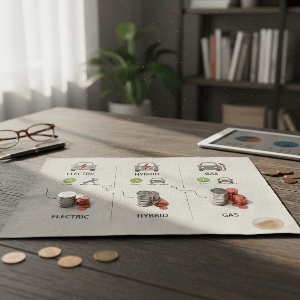 Chart comparing approximate five-year fuel and maintenance costs for electric, hybrid, and gas compact SUVs