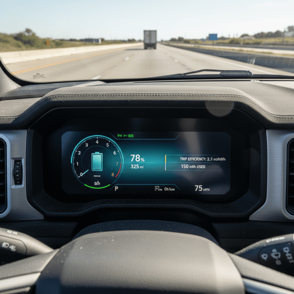 GMC Hummer EV digital dash showing remaining range and energy consumption during a highway drive