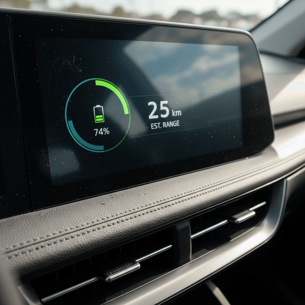 Digital instrument cluster of a Kia EV6 showing battery state of charge and estimated driving range