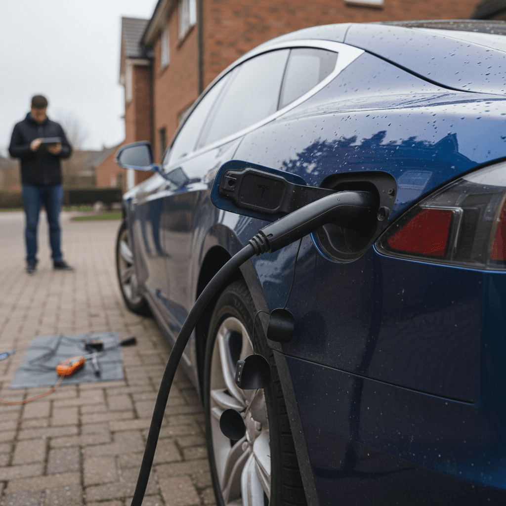 An early 1900s electric car driving on a city street with pedestrians