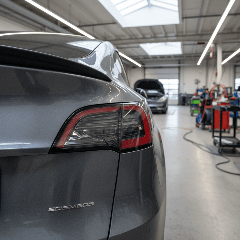 Technician checking seat fasteners and mounting points on a Tesla Model Y front seat