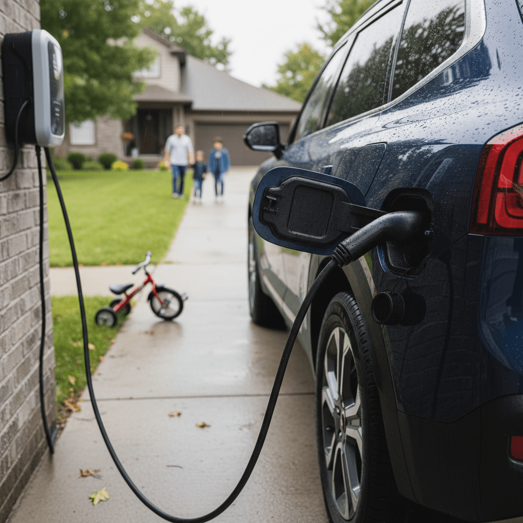 Family driving a modern electric SUV on a suburban road