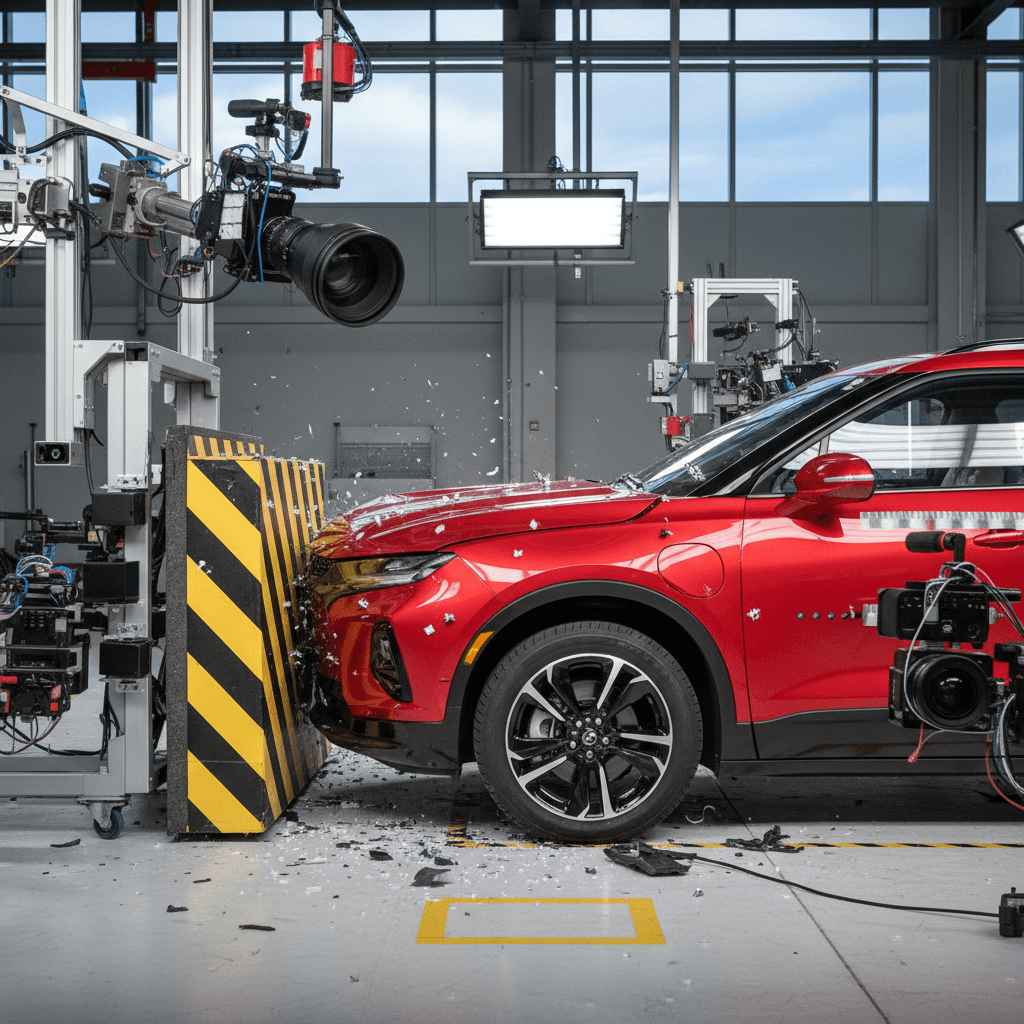 Chevy Blazer EV undergoing a high-speed crash test into a deformable barrier with sensors and crash-test dummies