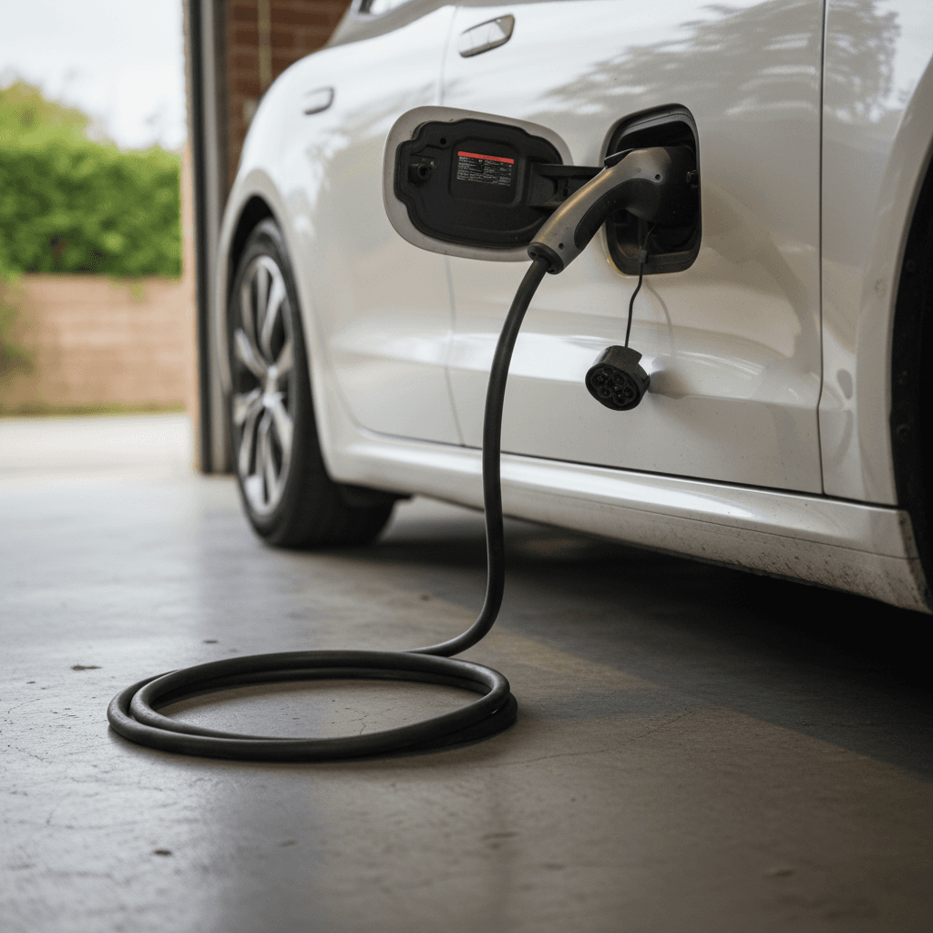 Clean electric car with charging cable neatly coiled beside it, ready for sale photos