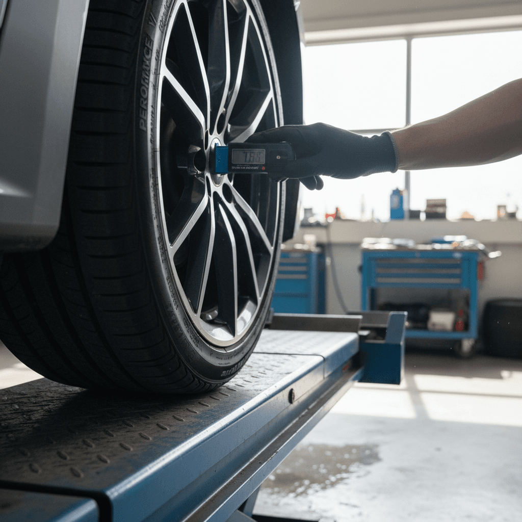 Technician checking tread depth and condition on a BMW i4 front performance tire