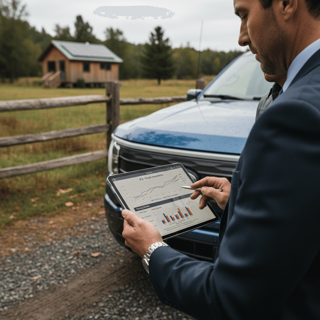 Ford F-150 Lightning owner reviewing insurance options on a tablet in front of their electric truck