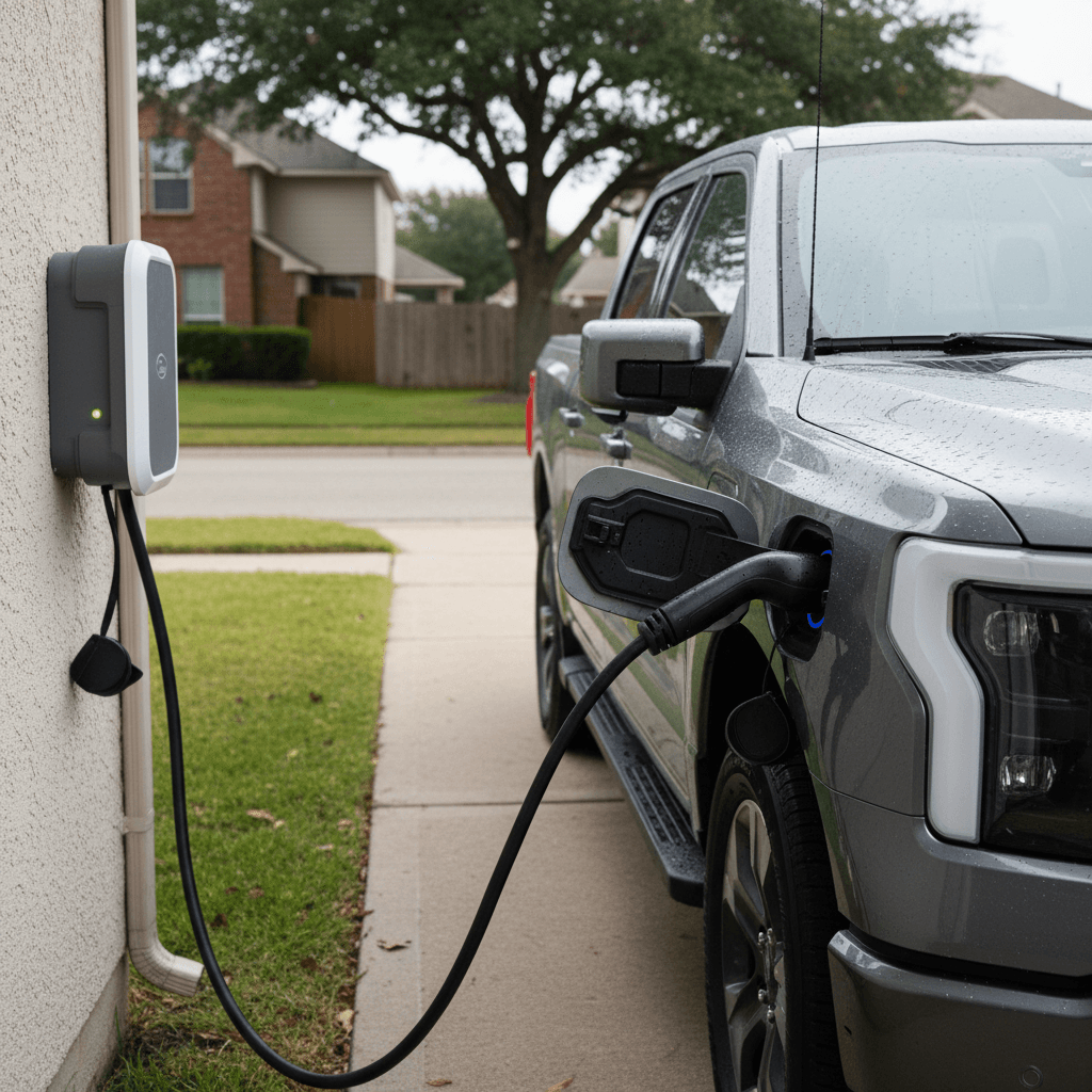 2023 Ford F-150 Lightning parked in a driveway connected to a Level 2 home charger
