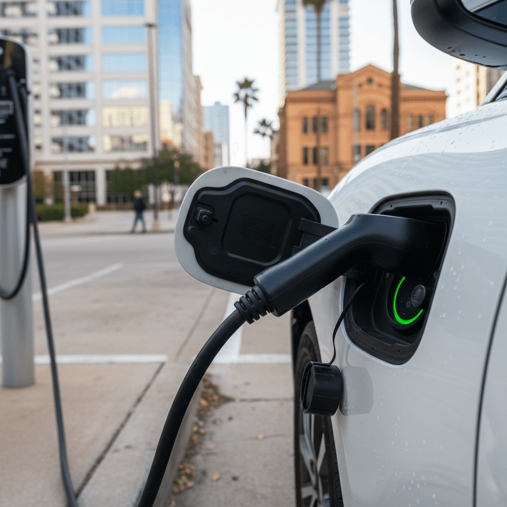 Electric vehicle plugged into a Level 2 charging pedestal in an Austin parking lot