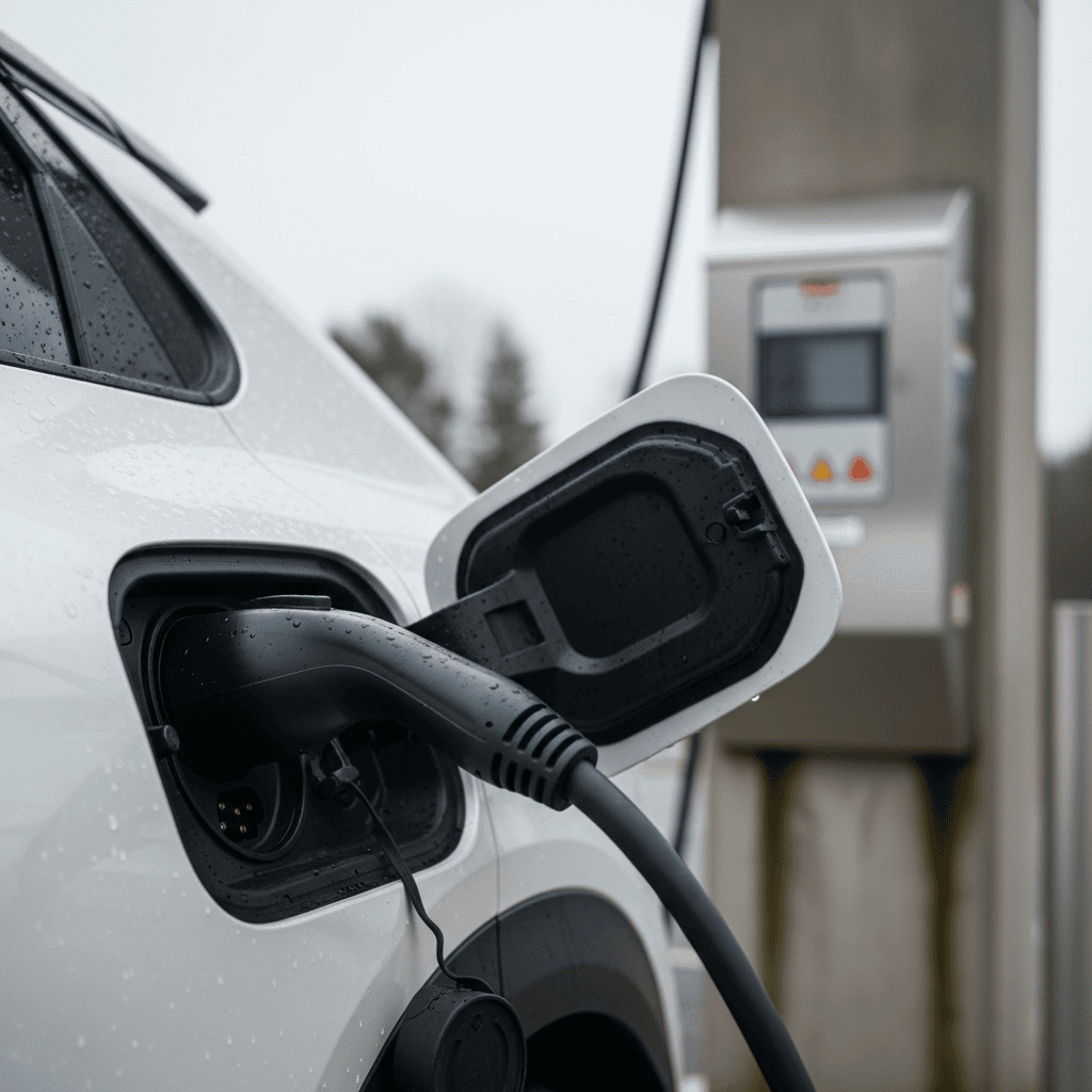 Close-up of a Toyota bZ4X plugged into a DC fast charger, showing the CCS connector in use