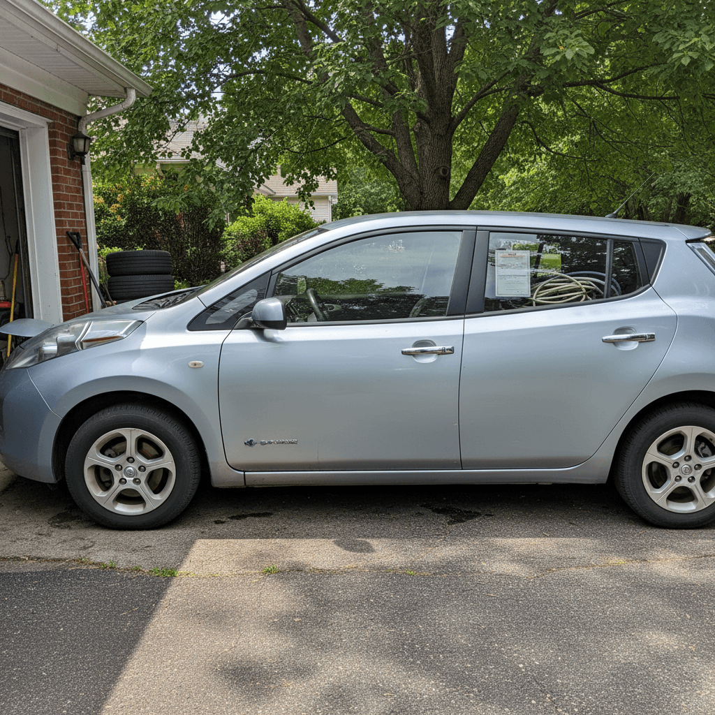 Compact electric hatchback similar to a Nissan Leaf parked outdoors