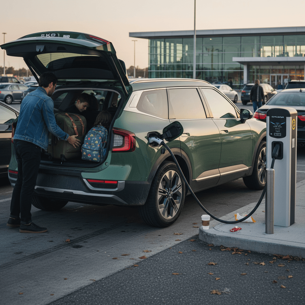 2024 Kia EV9 plugged into a highway fast charger with a family loading luggage into the rear cargo area