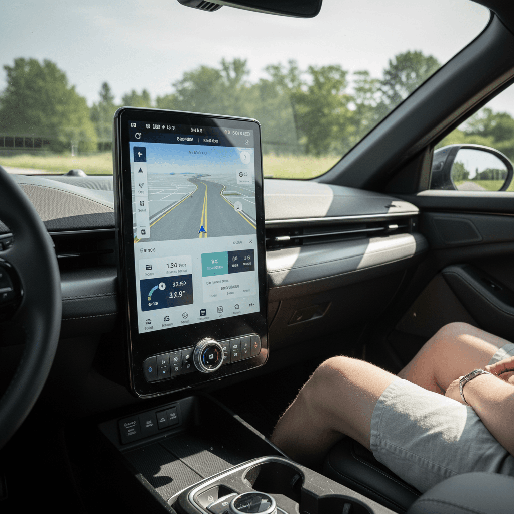 Driver using the central touchscreen in a Ford Mustang Mach-E to plan a charging stop