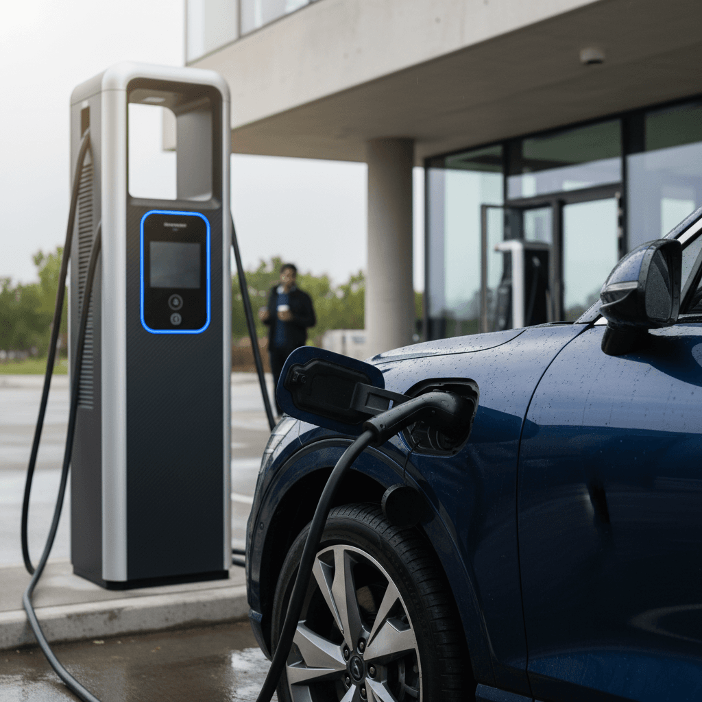 2023 Genesis GV60 charging at a DC fast charger, showing its front three-quarter view and cable plugged into the port