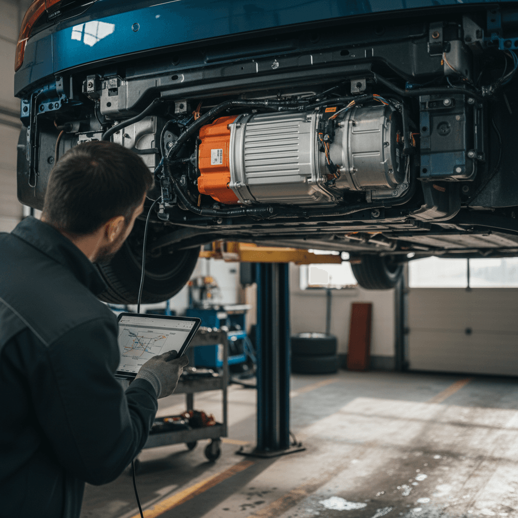 Technician inspecting the underbody of a Kia EV9 electric SUV on a lift, focusing on drivetrain and suspension components