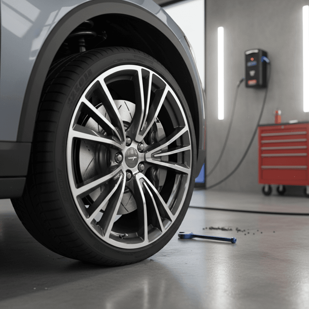 Technician inspecting the wheel, tire, and large brake rotor on a Volvo EX90 in a service bay