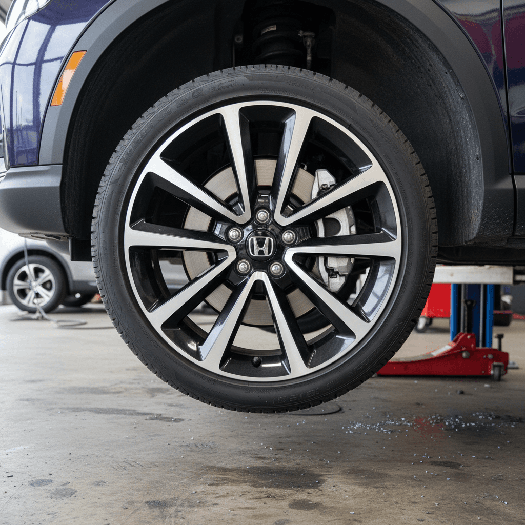 Honda Prologue wheel and brake components visible on a lift during a routine tire rotation