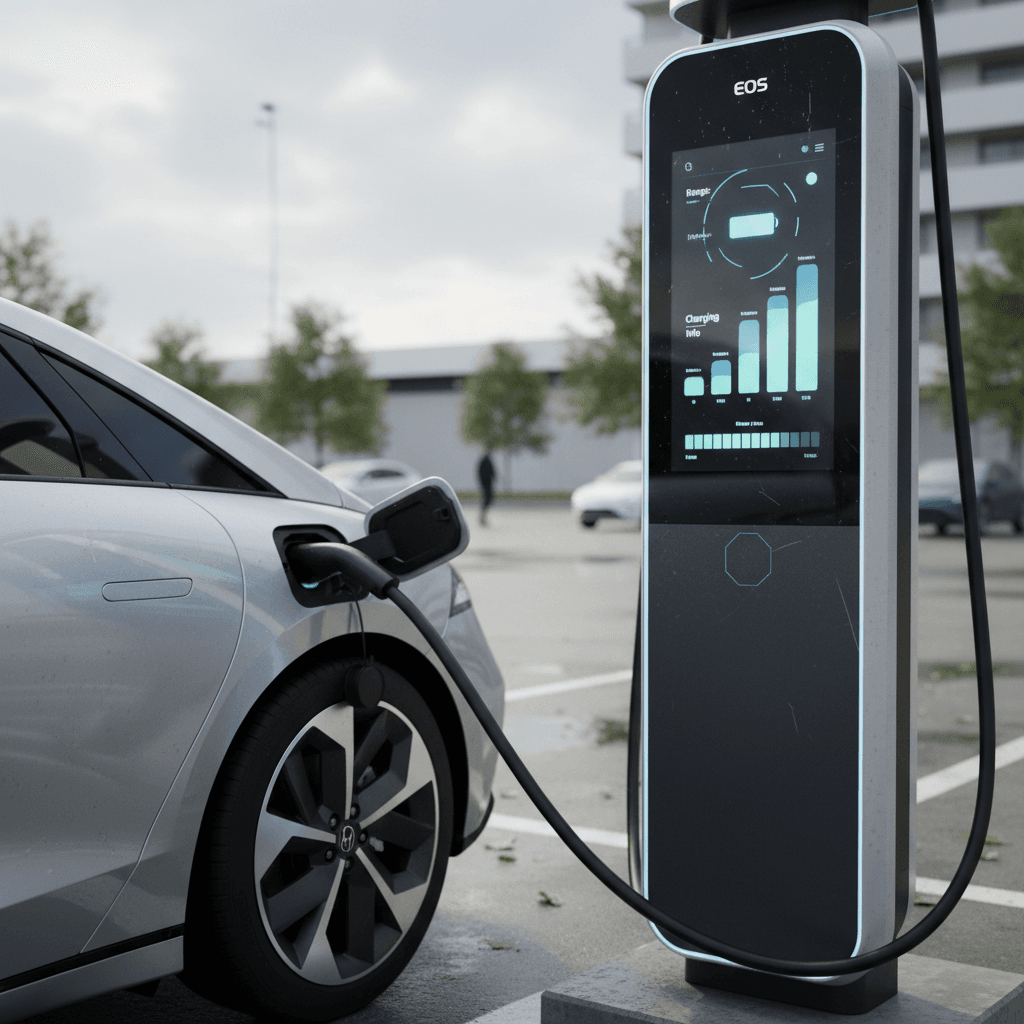 Hyundai Ioniq 6 electric sedan plugged into a DC fast charger, with its digital display showing range and charging progress