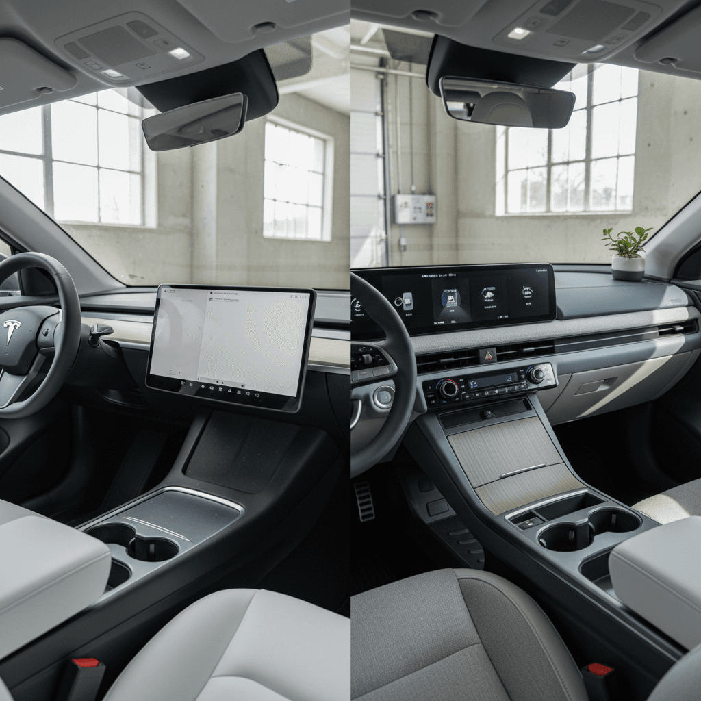 Side-by-side comparison of Tesla Model Y and Hyundai Ioniq 5 interiors highlighting their different dashboard designs