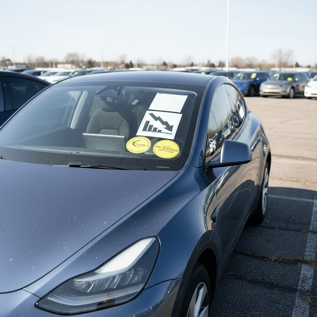 Used Tesla Model Y crossovers parked in front of an EV retailer with price stickers on windshields