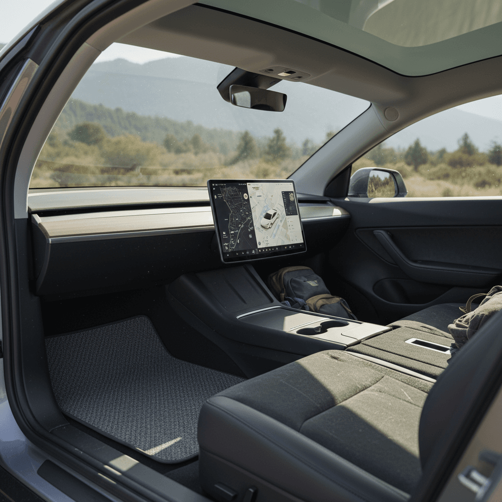 Interior of a 2026 Tesla Model Y showing large center touchscreen and rear seats folded flat for cargo