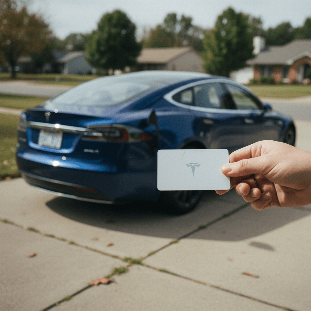 Seller handing a Tesla key card to a buyer standing next to a clean Model S in a New Jersey driveway
