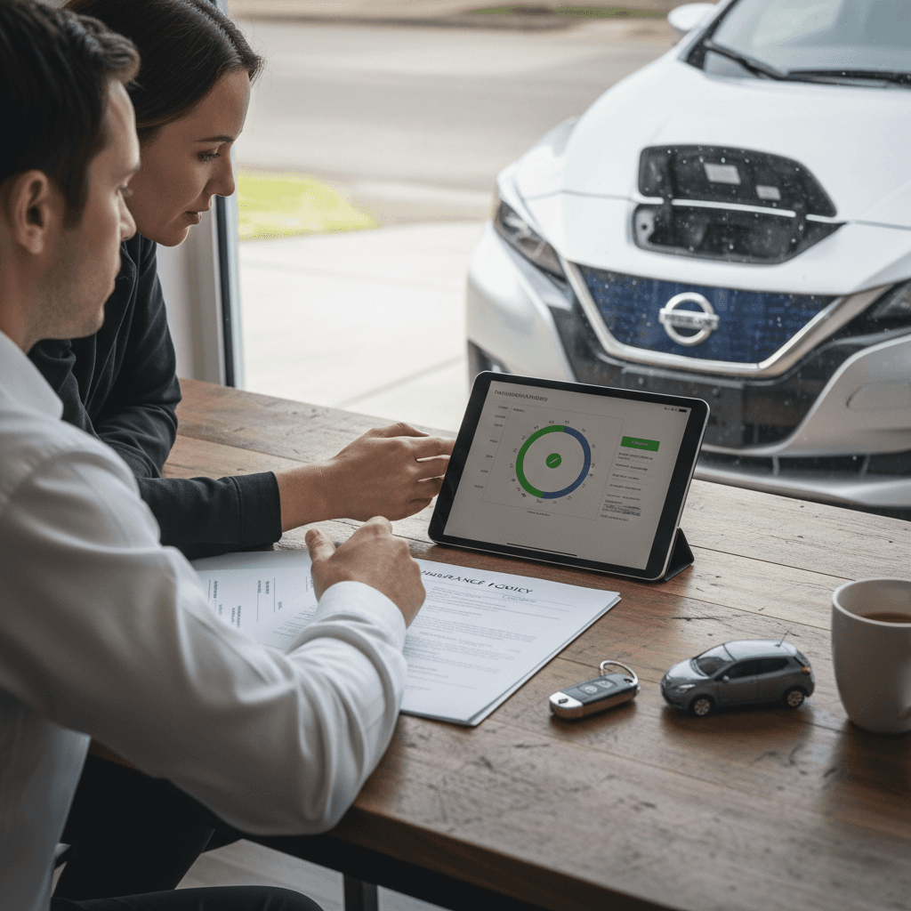 Nissan Leaf owner sitting with an insurance agent reviewing coverage details on a printed policy