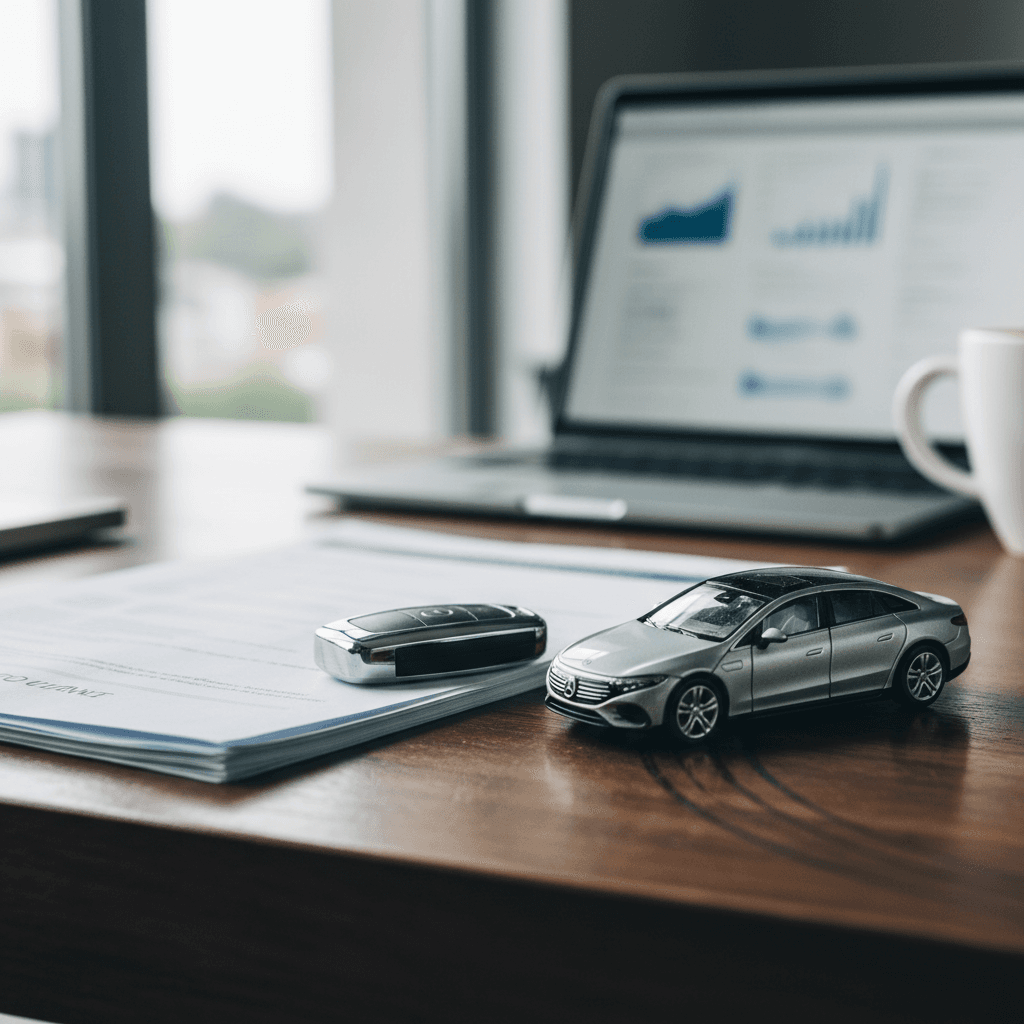 Insurance paperwork, a pen, and a small model of a luxury electric sedan on a wooden desk