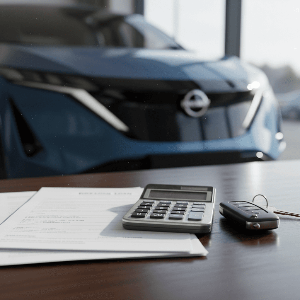 Loan documents and calculator on a desk in front of a Nissan Ariya at a dealership, illustrating financing decisions for a used EV