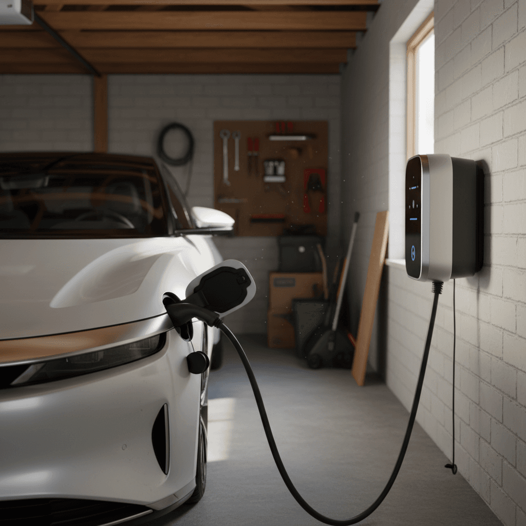 Lucid Air plugged into a Lucid Connected Home Charging Station in a modern home garage
