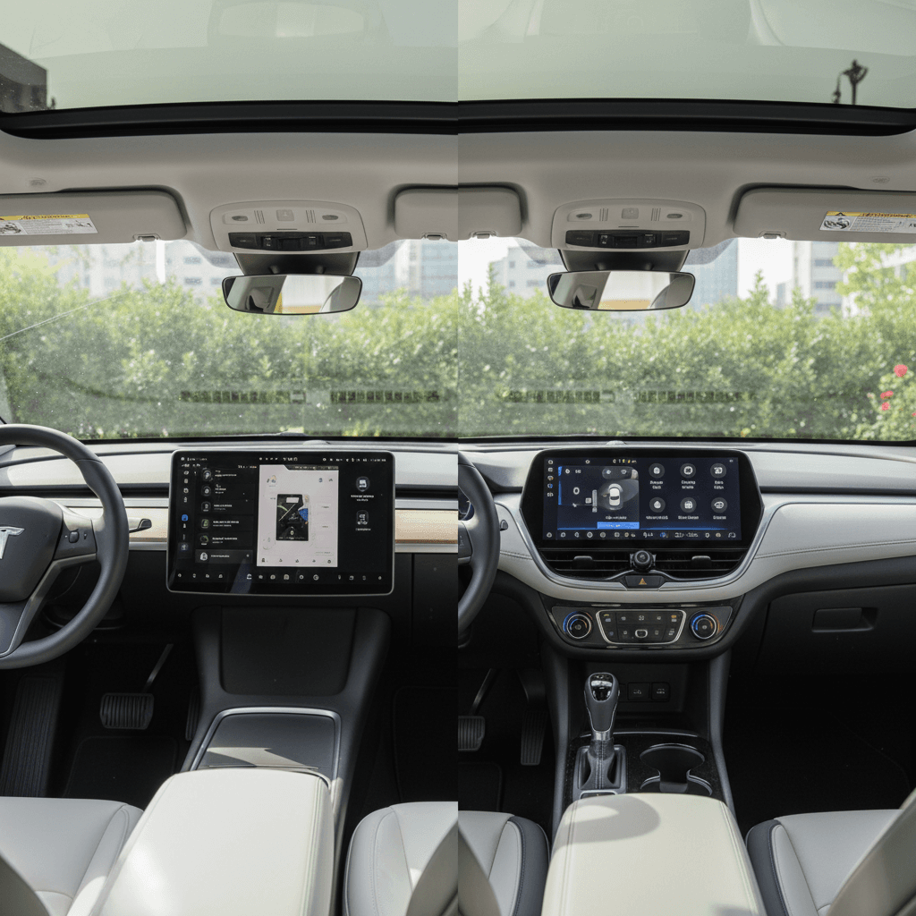 Side-by-side comparison of Tesla Model Y and Chevrolet Equinox EV interiors and dashboards, highlighting tech and layout differences