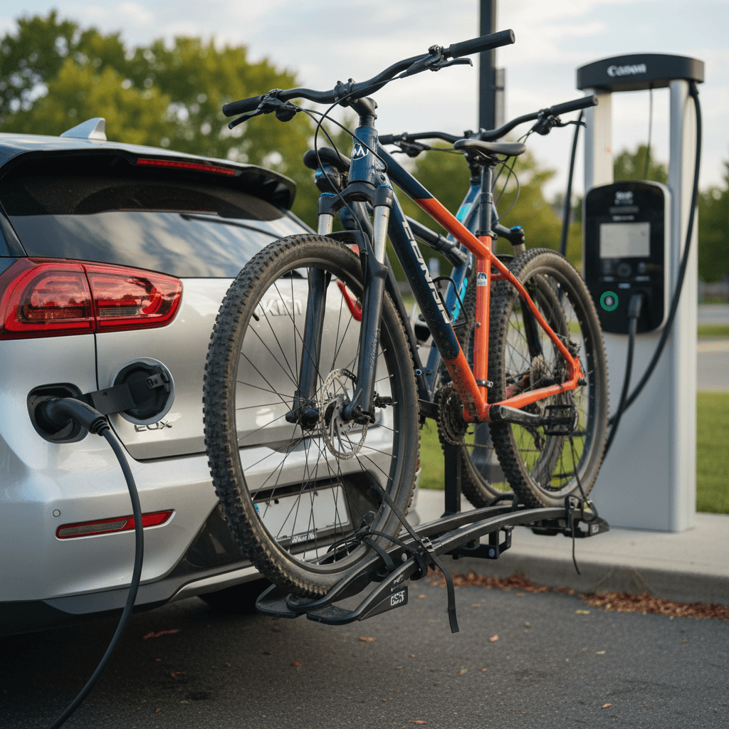 Hitch-mounted bike rack with bikes on a Kia Niro EV parked at a public charging station
