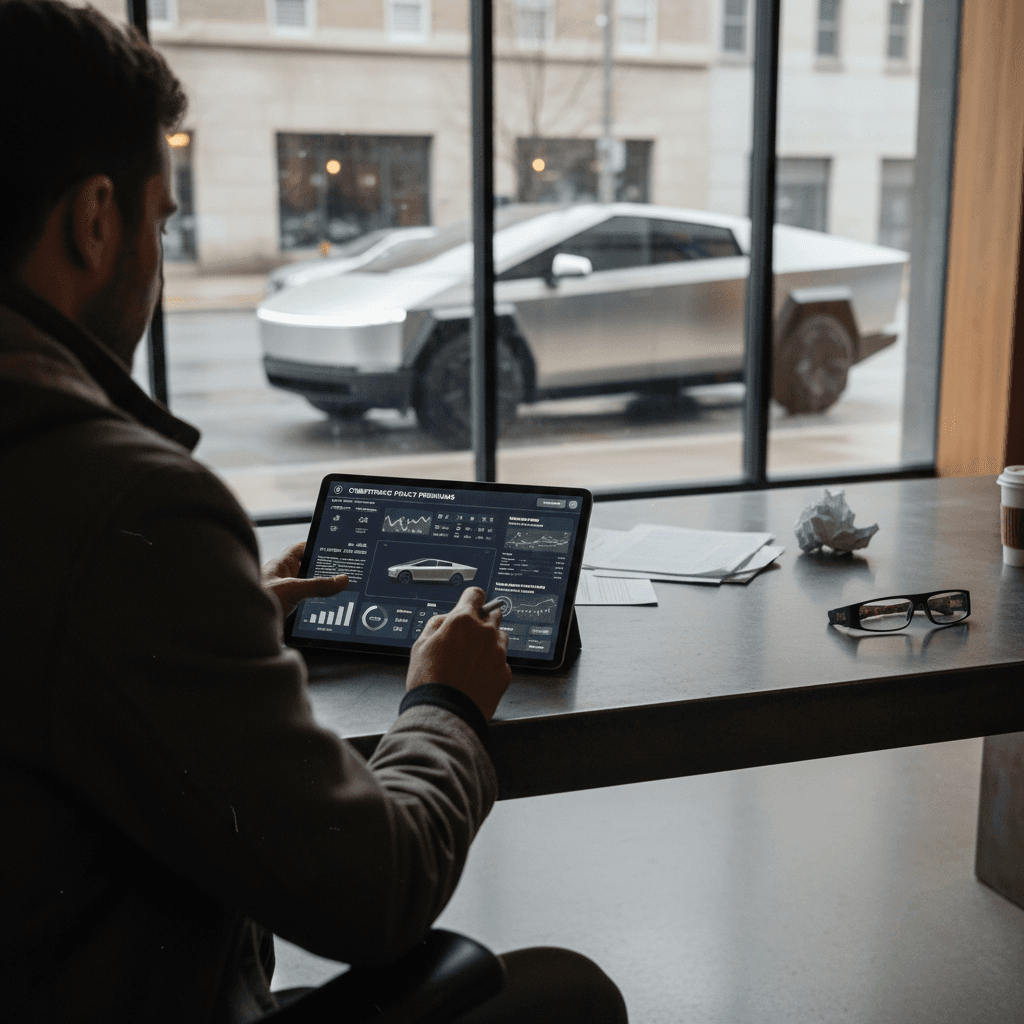 Insurance professional reviewing coverage options with a Tesla Cybertruck owner in an office setting