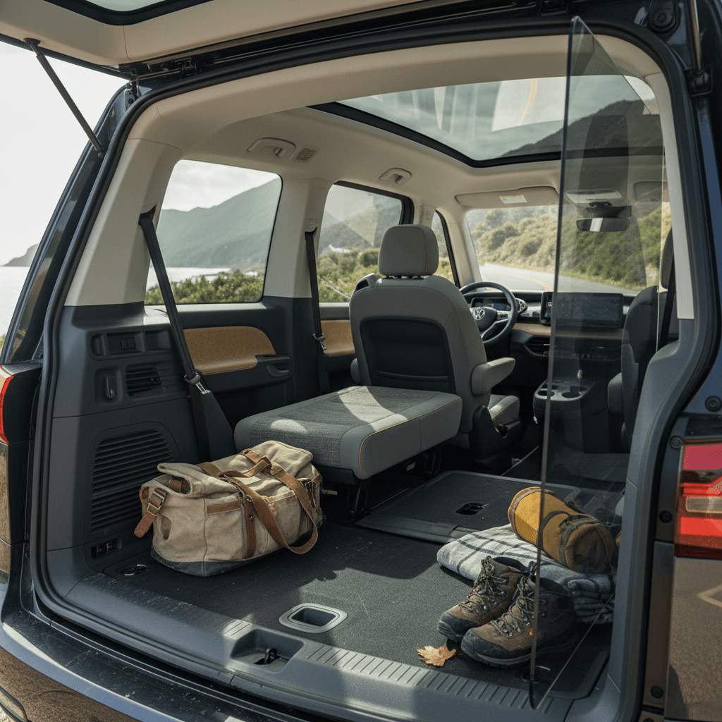 Spacious three-row interior of a Volkswagen ID. Buzz with seats upright and open cargo area behind