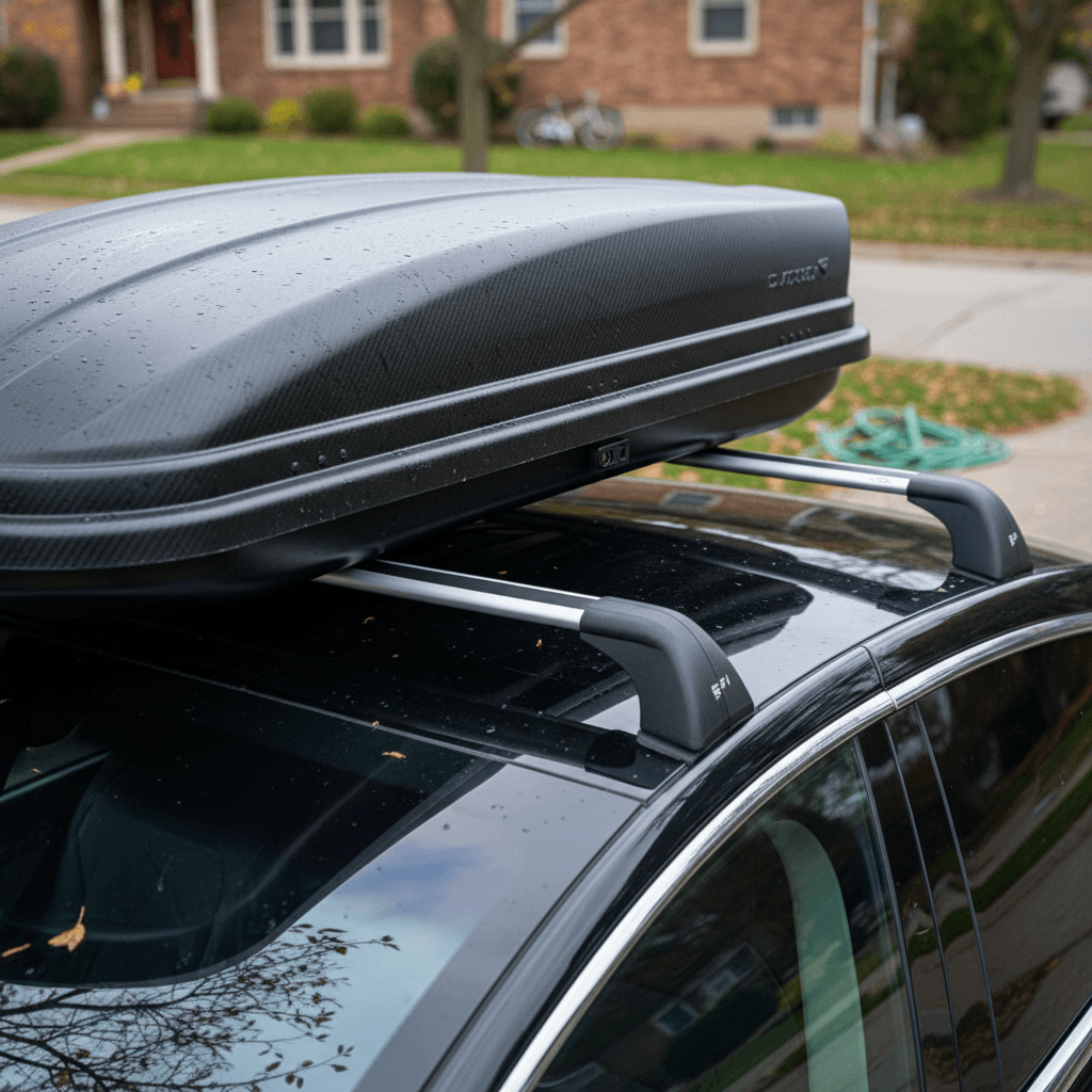 Tesla Model X with factory roof rack crossbars and cargo box parked in driveway