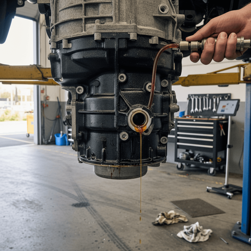 Electric vehicle drive unit and reduction gearbox on a lift in a service bay