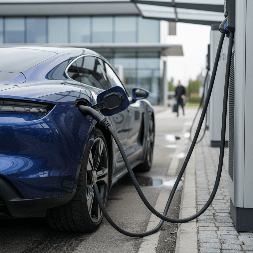 Porsche Taycan charging at a modern DC fast charging station showing charging status on screen