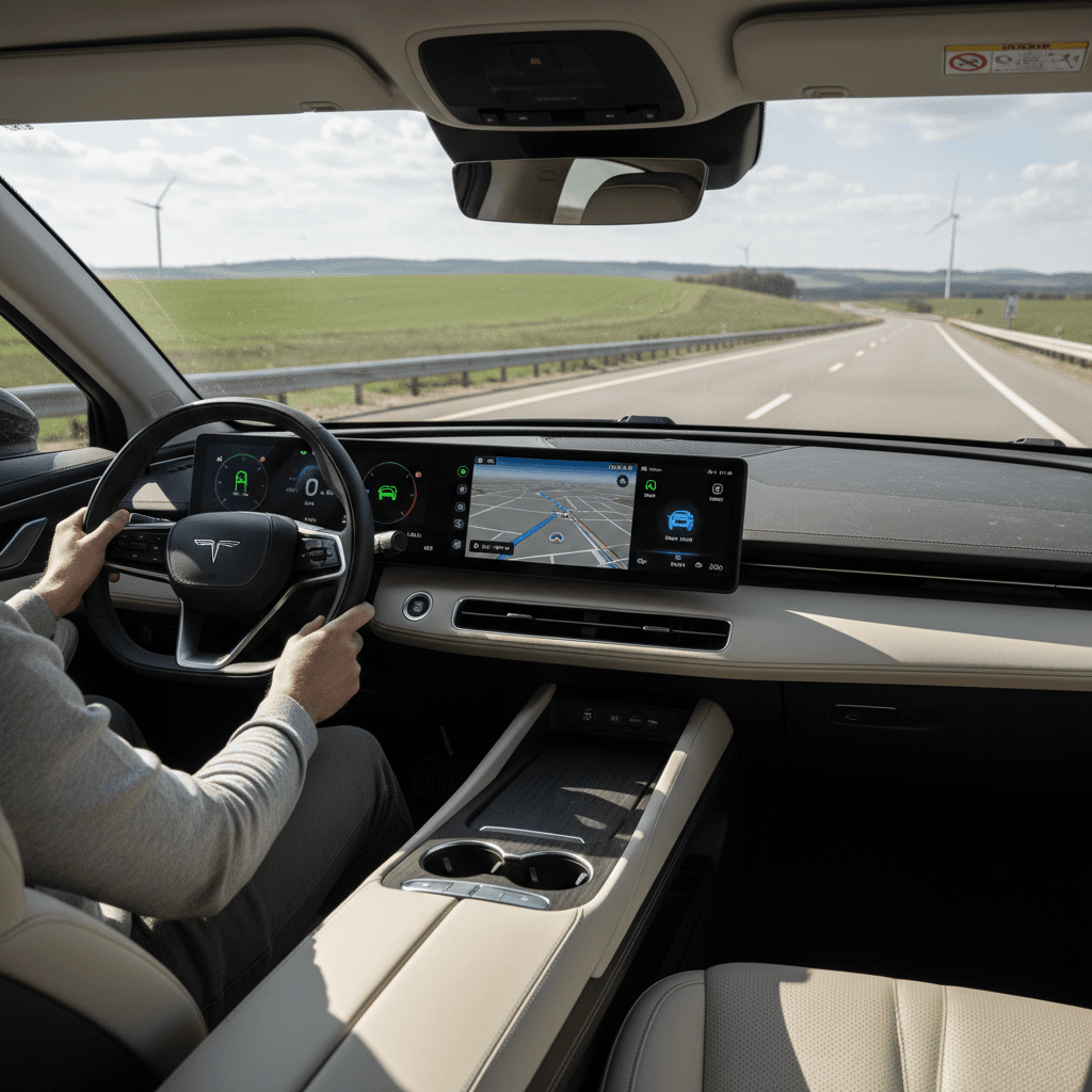 Modern electric SUV interior driving on an open highway with navigation and lane-keeping assist active