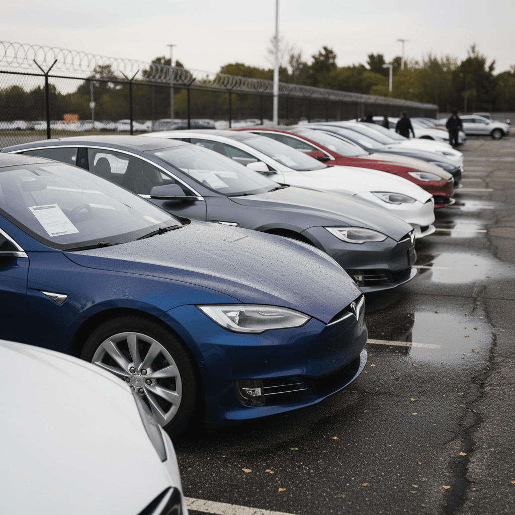 Row of used Tesla Model S sedans parked in a dealership lot, illustrating different years and trims