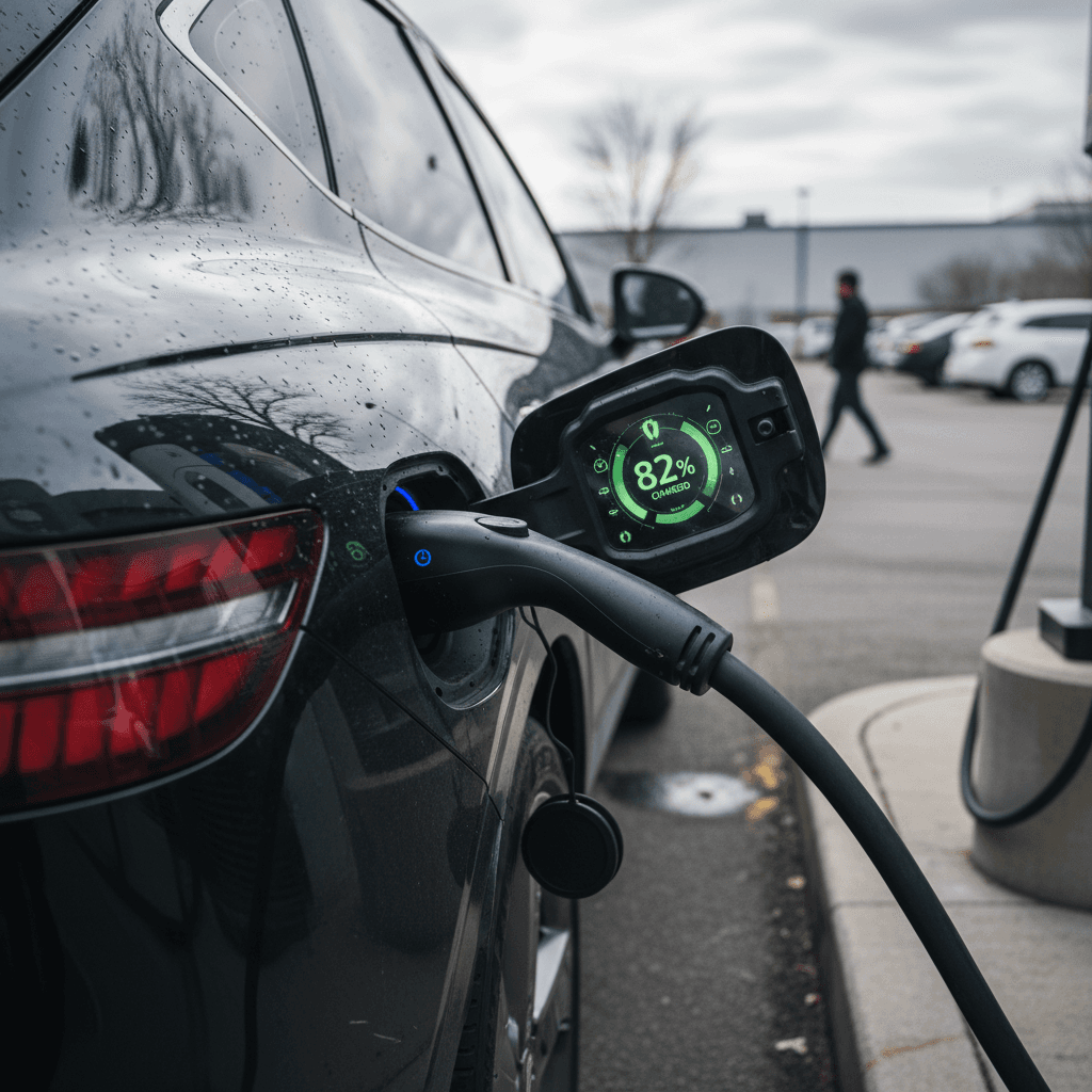 Used Genesis GV60 charging at a high-power DC fast charger, cable connected and driver checking range on the screen