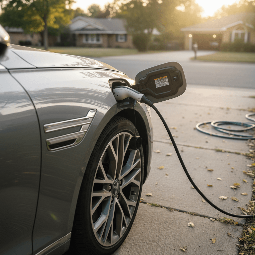 Genesis G80 Electrified plugged in at a home charger with clean wheels and bodywork