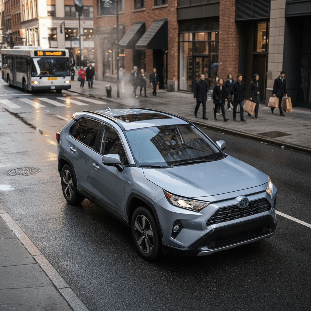 Compact sedan driving in a modern city, representing affordable used cars under $15,000.