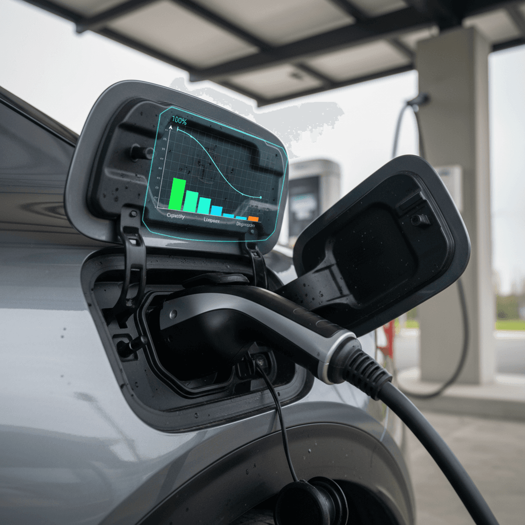 Close-up of a Kia EV6 charging port with a simplified battery health graph overlay illustrating gradual range loss over time.