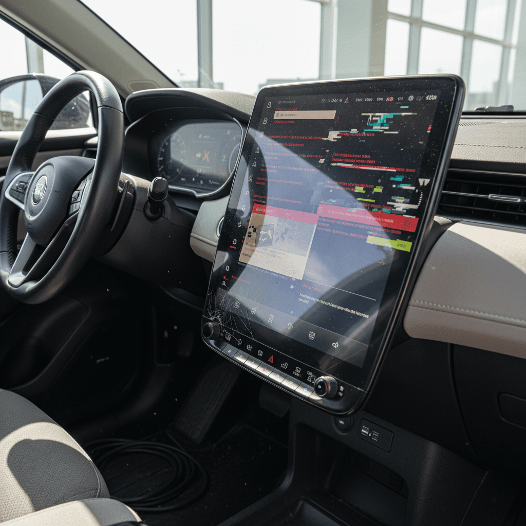 Electric SUV interior with center screen displaying diagnostic report and battery health summary