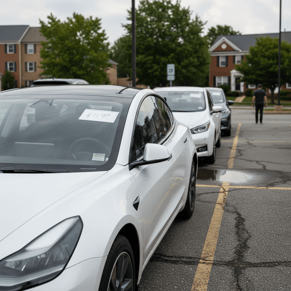 Row of used electric vehicles with price stickers at a dealership-style lot near Columbia, Maryland