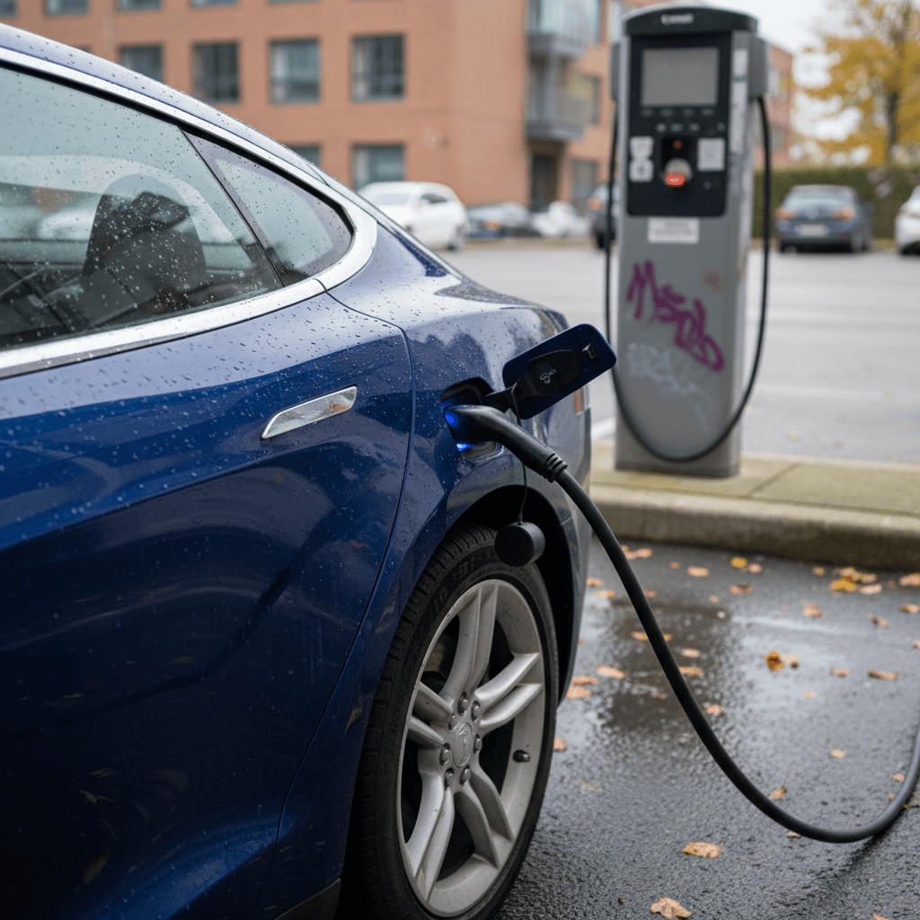 Older Tesla Model S plugged into a public charger during a pre-purchase test drive