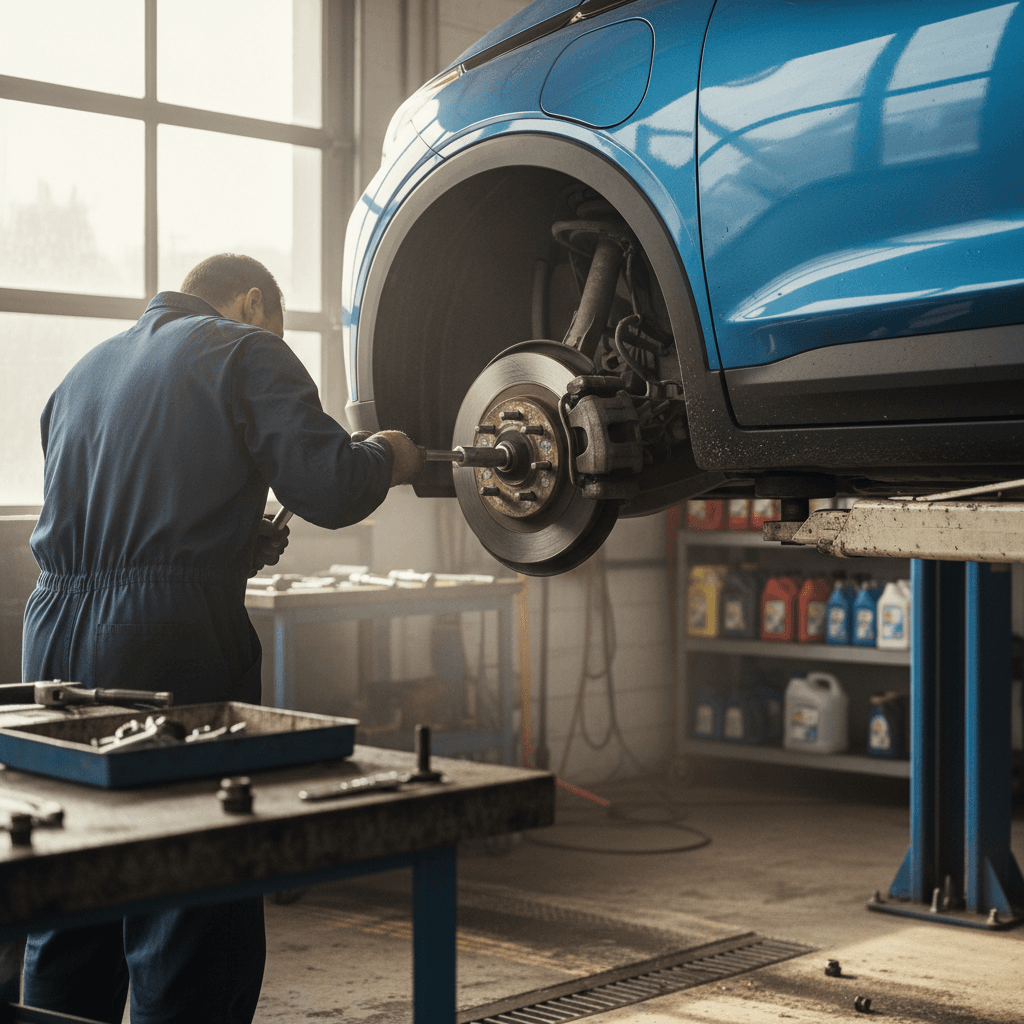 Technician inspecting the tires and wheels of an electric vehicle on a lift
